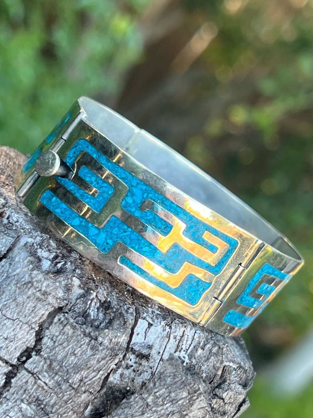 Vintage Alpaca Mexico Turquoise Chip Panel Bracelet Size 7.25